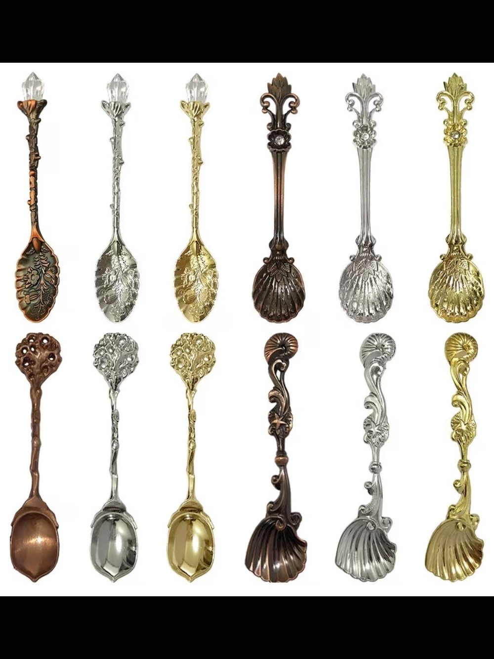 Grace Ornate Serving Spoons in Gold, Silver, and Copper Tones